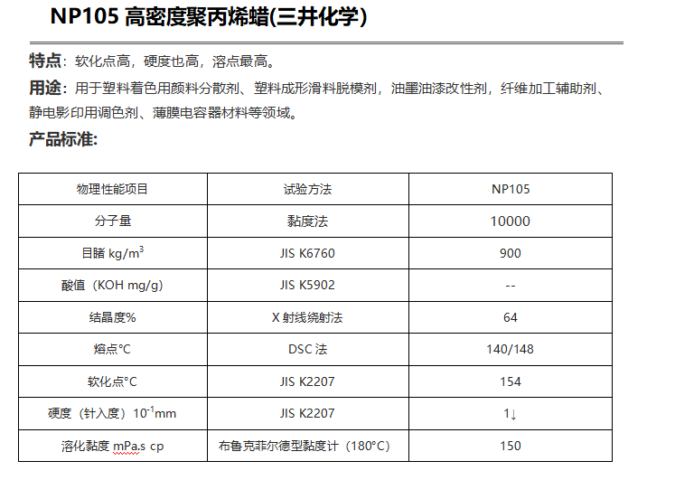 三井HI-WAX NP105高密度聚丙烯蠟( PP蠟NP105)