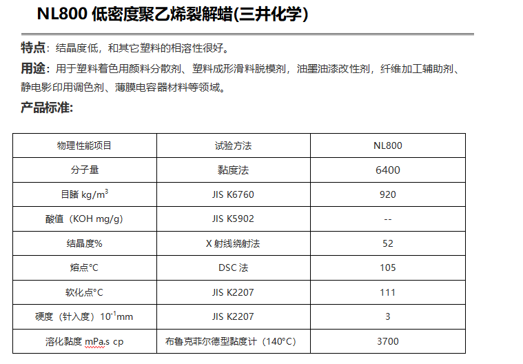 三井HI-WAX NL800低密度聚乙烯裂解蠟( PE蠟NL800)